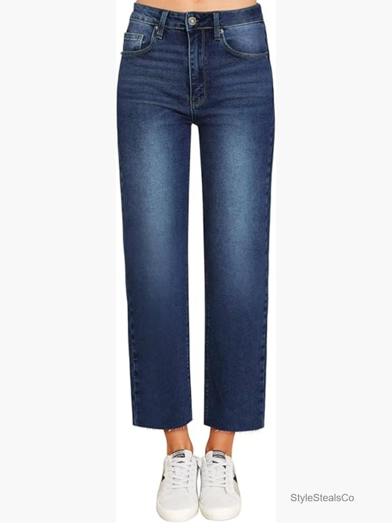 High Waisted Cropped Straight Leg Jeans 7/8 Length Denim Pants